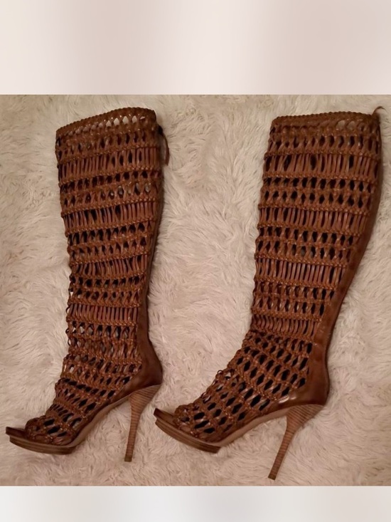 Nine West Shoes - Nine West MACRAME Brown Woven Peep-Toe Knee-High Stiletto Boots